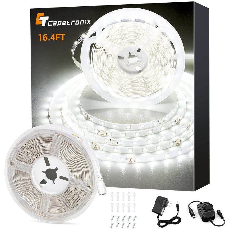 CT CAPETRONIX شريط إضاءة LED أبيض CT CAPETRONIX، 16.4 قدم، شريط إضاءة LED بجهد 24 فولت أبيض، 6000K-6500K ضوء نهاري فائق السطوع لشريط LED للغرفة، المطبخ، الخزانة، الخزانة، المرآة، الداخلية (يتضمن جهاز تحكم في السطوع)  - Image 1